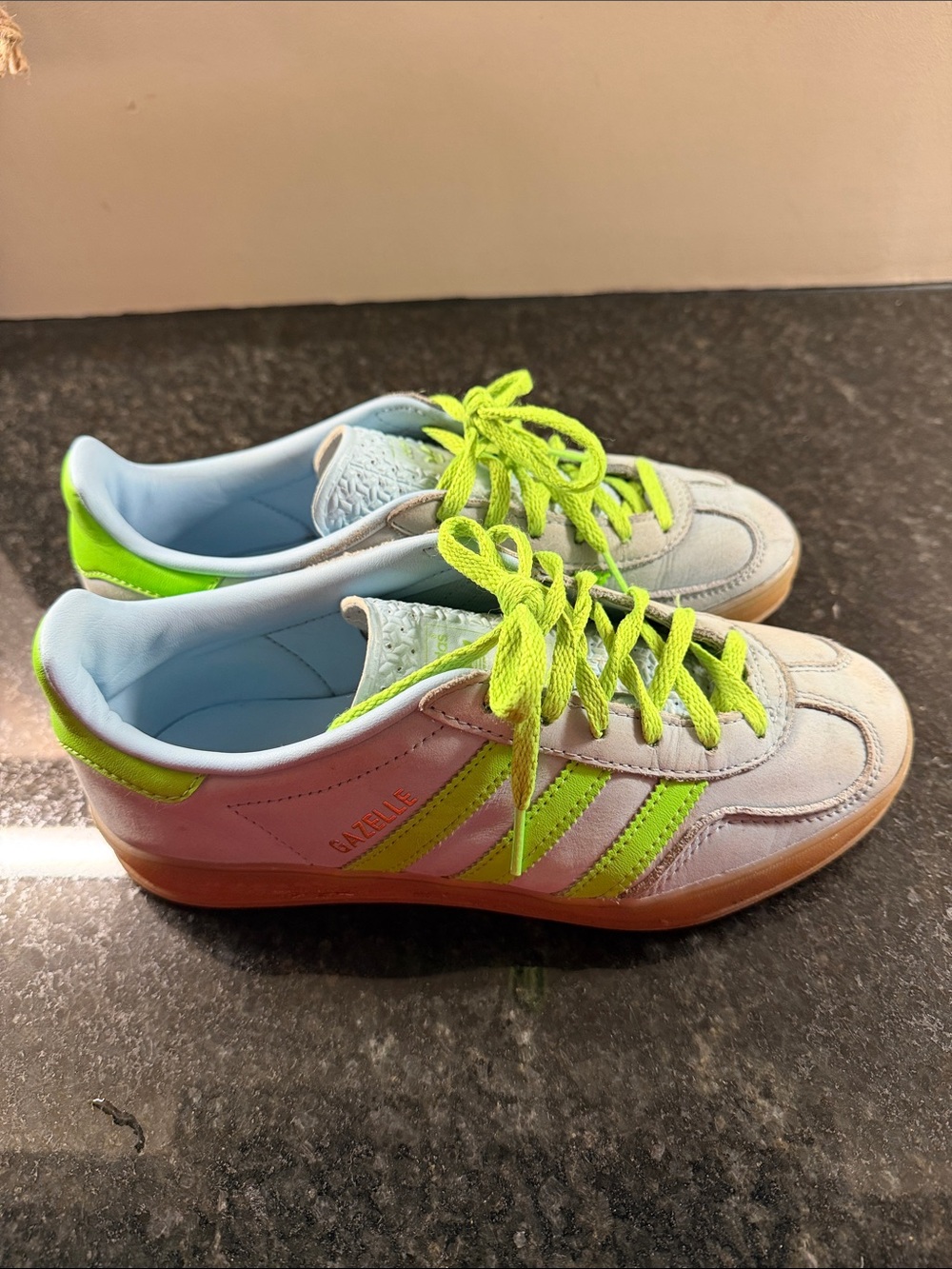 Adidas Gazelle Light Blue with Neon Green size 5 1/2